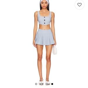 Montce Powder Blue Ribbed Button Crop Top & Pleated Mini Skirt Set
